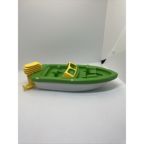 Vintage Processed Plastics Co speed boat motor boat, green & white & yellow, 11" - Picture 3 of 13